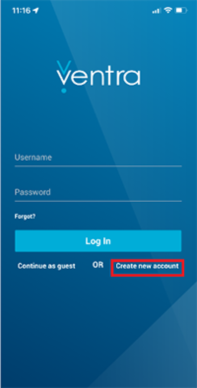 Mobile Ventra login page with highlighted box on Create new account